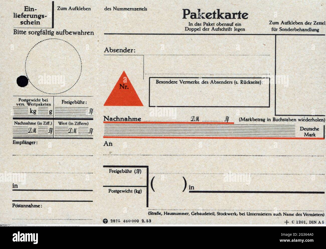 Correo, formulario, Oficina Federal de Correos de Alemania, registro de efectivo en el envío de la entrega, 1953, DERECHOS-ADICIONALES-LIQUIDACIÓN-INFO-NO DISPONIBLE Fotografía de stock - Alamy