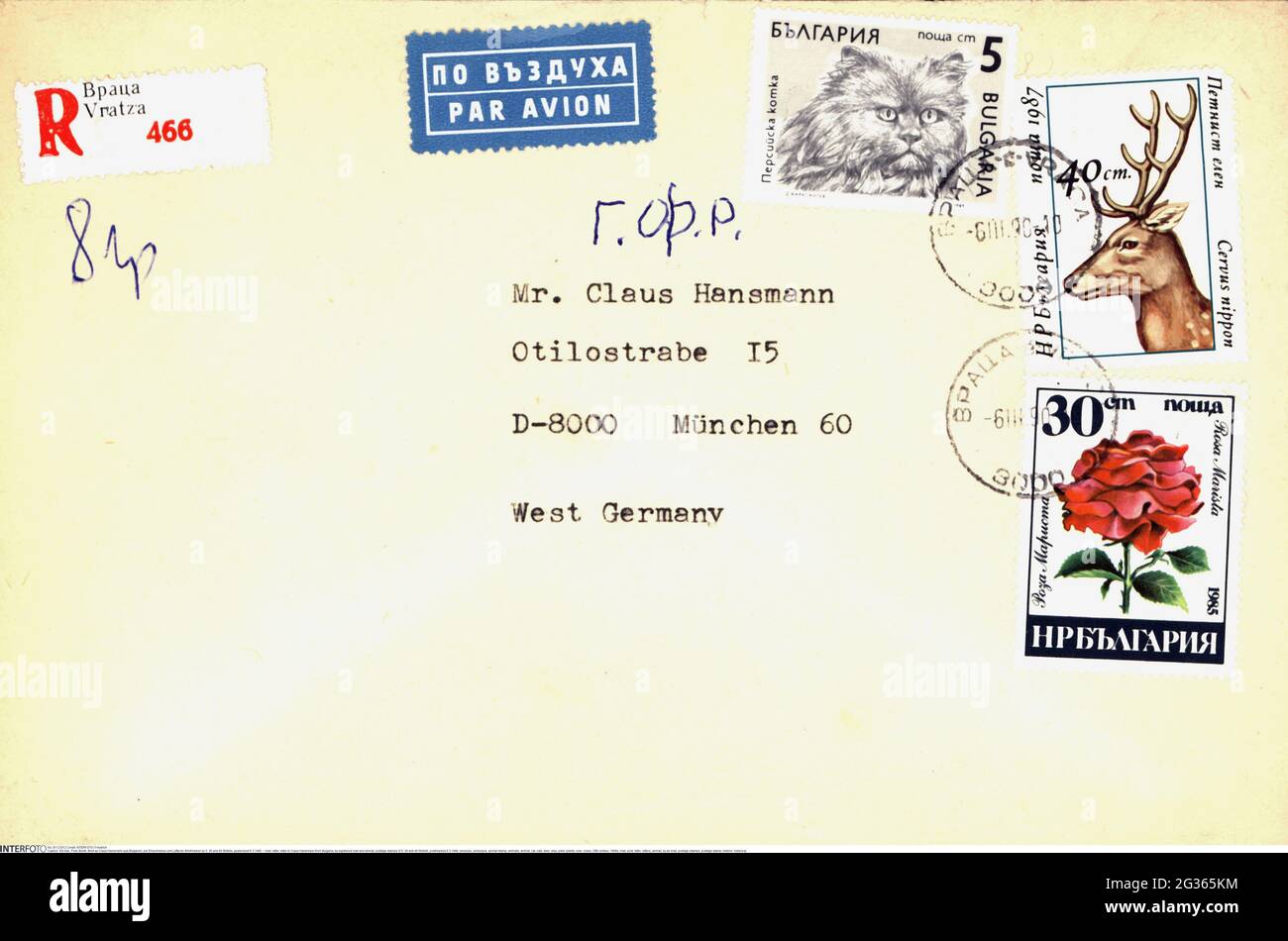 Correo, carta, carta a Claus Hansmann de Bulgaria, por correo registrado y correo aéreo, DERECHOS ADICIONALES-AUTORIZACIÓN-INFORMACIÓN-NO DISPONIBLE Foto de stock