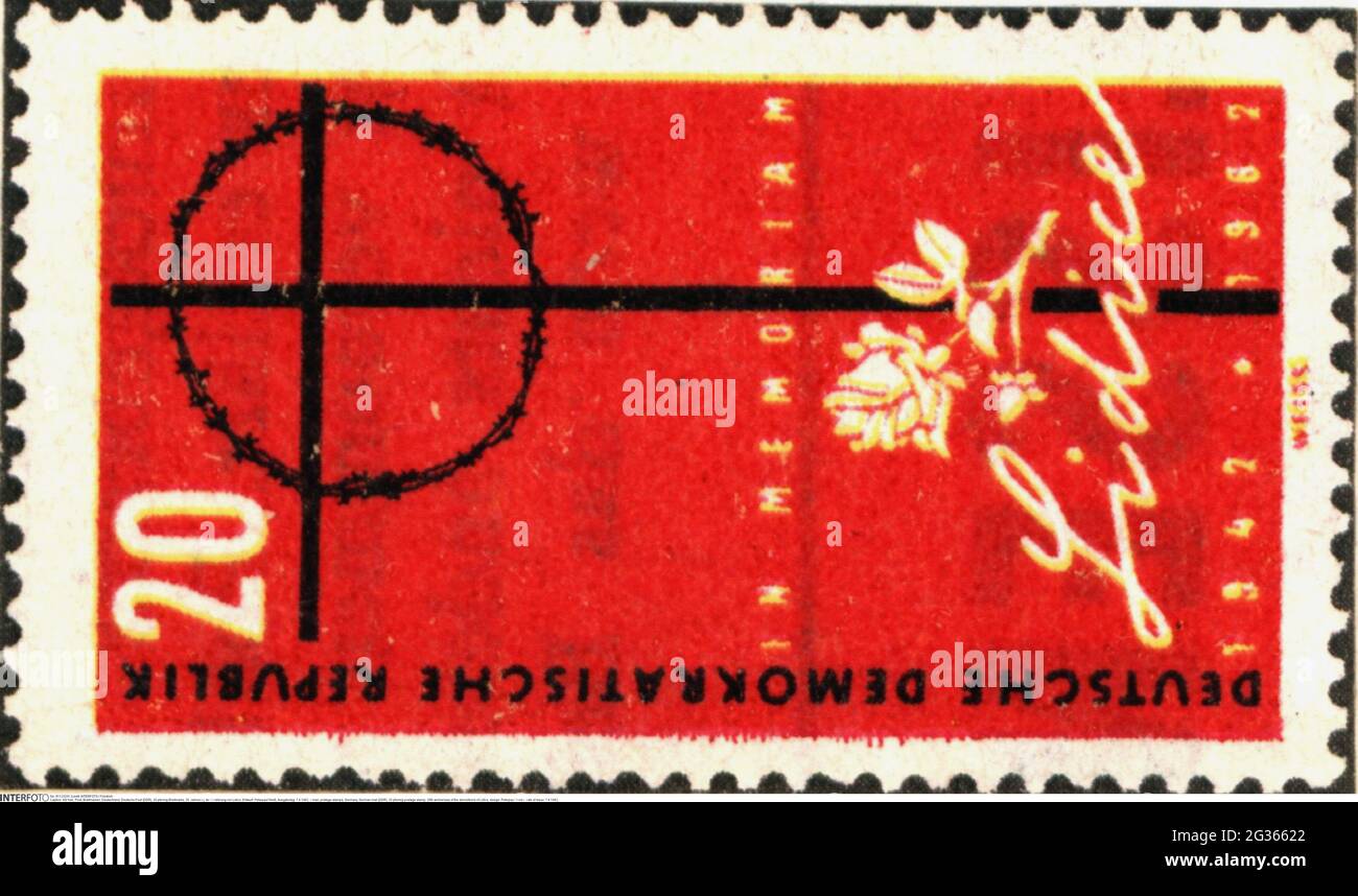 Correo, sellos postales, Alemania, correo alemán (DDR), sello postal de 20 pfennig, 20th aniversario de las demoliciones de Lidice, SÓLO USO EDITORIAL Foto de stock
