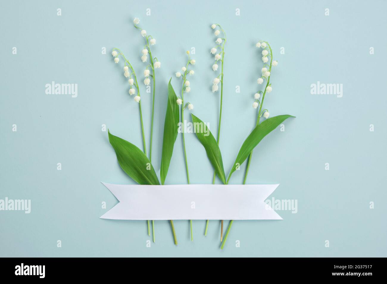 Composición con flores blancas. Diseño creativo de lirios del valle sobre un fondo verde claro. Concepto de minimalismo. Foto de stock