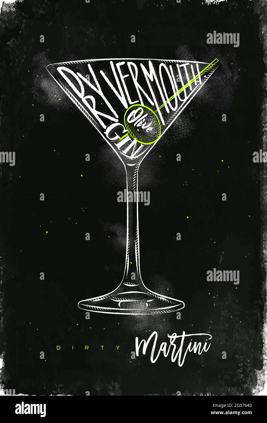 Sucio cóctel martini letras vermouth seco, ginebra, oliva en estilo gráfico vintage dibujo con tiza y color sobre fondo de pizarra Ilustración del Vector