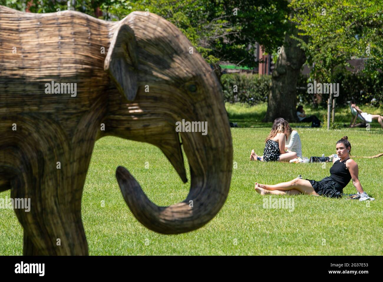 La gente se sienta al sol junto a esculturas de Coexistence, una exposición de arte ambiental con 100 elefantes asiáticos de tamaño vivo en Green Park, Londres, mientras el clima caliente continúa, con pronosticadores advirtiendo del riesgo de las duchas de thundery hacia el final de la semana. Foto de stock