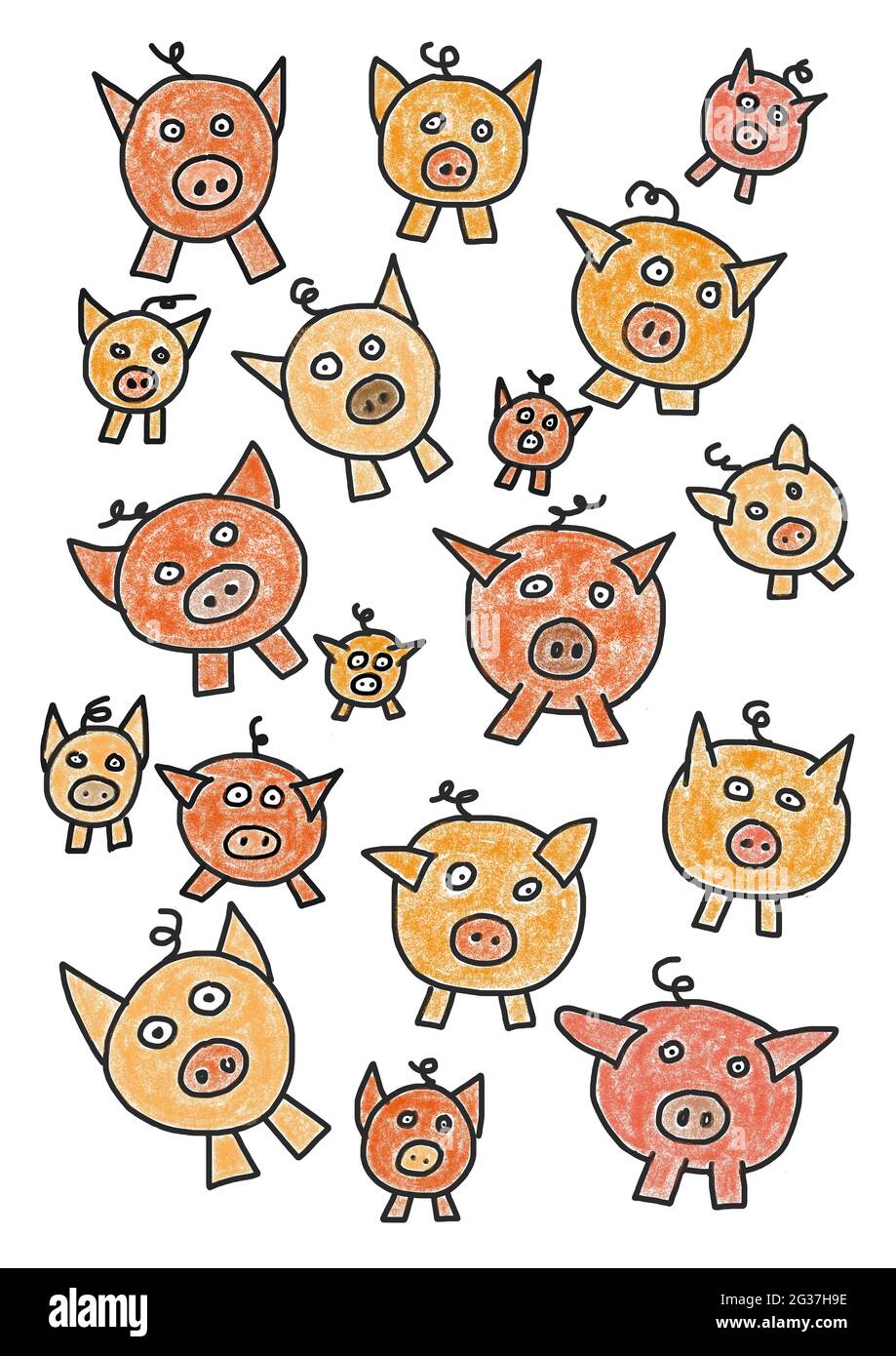 Ilustración ingenua, dibujo de niños, símbolos de año nuevo, cerdo afortunado, lechón Foto de stock