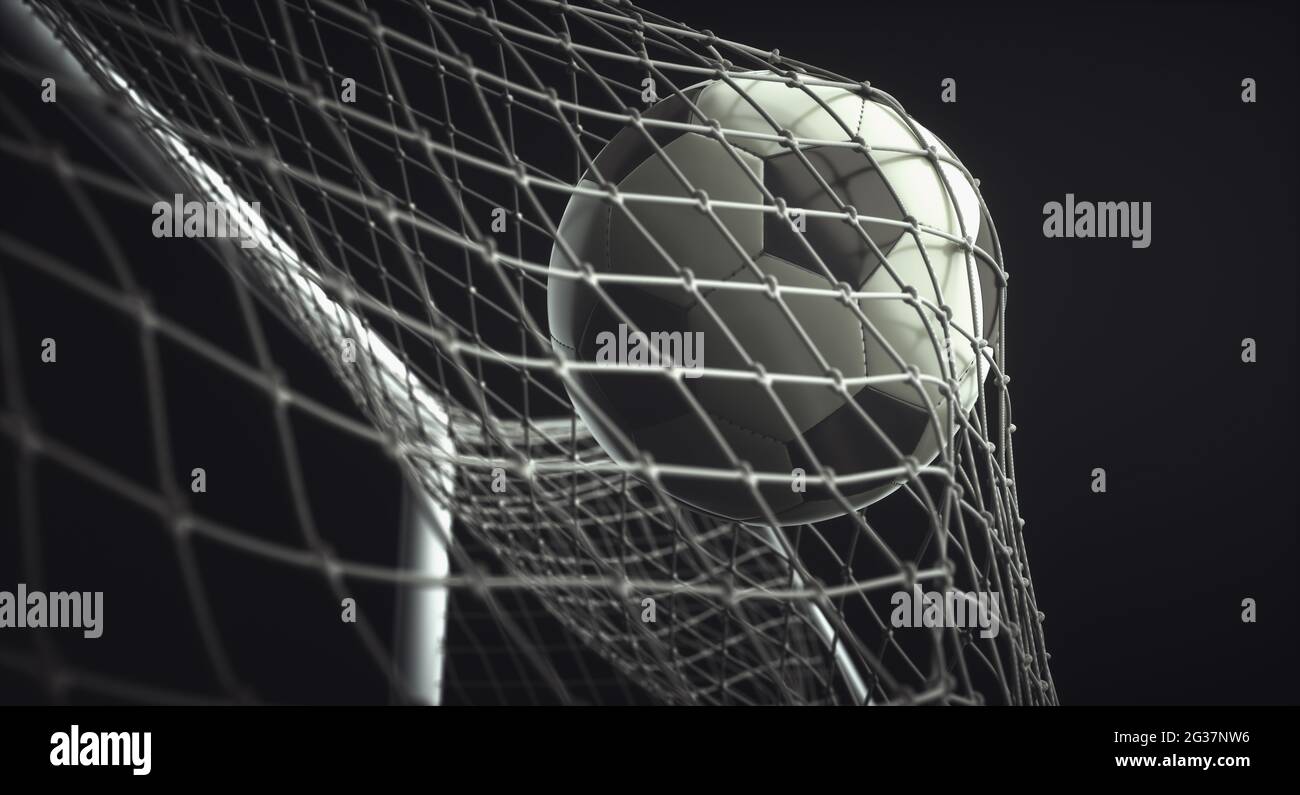 Balón de fútbol, anotando el gol y moviendo la red. 3D ilustración, sobre fondo negro. Foto de stock