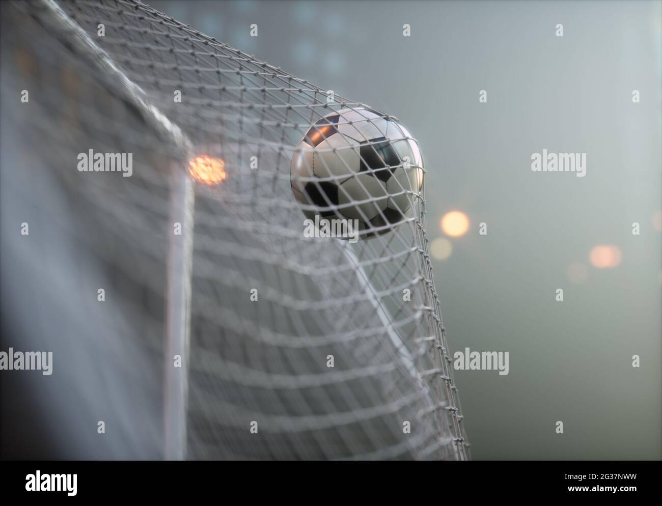 Balón de fútbol, anotando el gol y moviendo la red. Ilustración 3D. Foto de stock