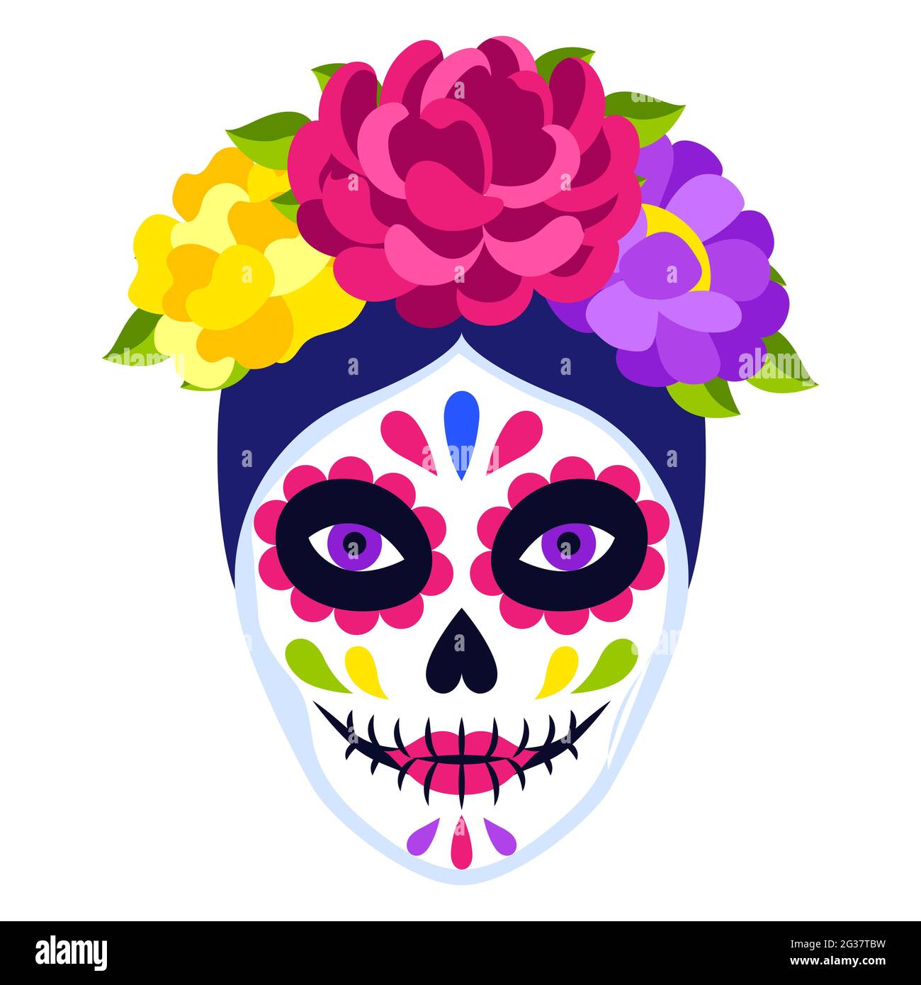 Cráneo tradicional de la cabeza de la Catrina mexicana. Dia de los muertos.  Símbolo del día de los muertos con flores Imagen Vector de stock - Alamy