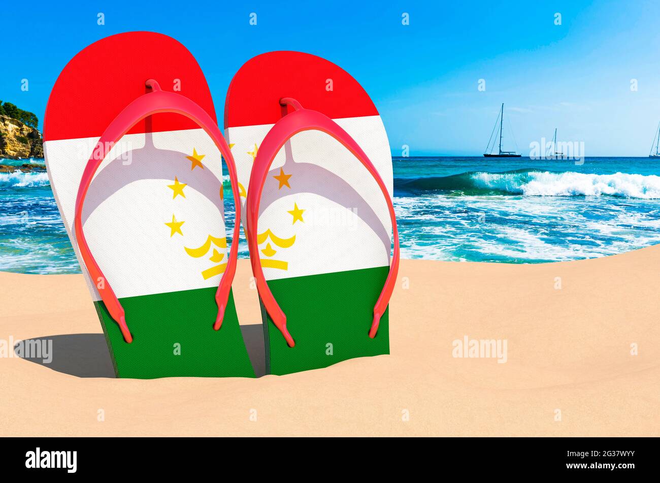Chanclas con bandera tayika en la playa. Tayikistán resorts, vacaciones,  tours, paquetes de viaje concepto. 3D renderizado Fotografía de stock -  Alamy