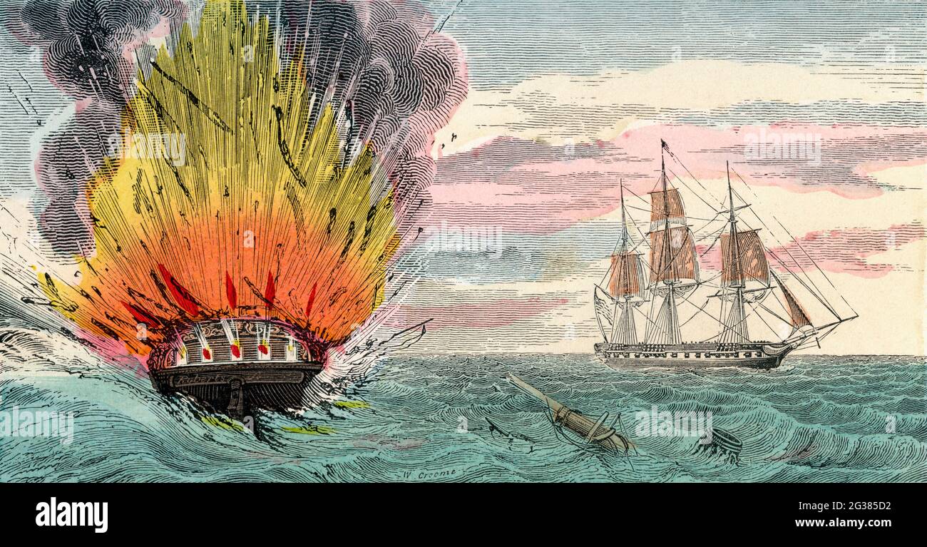 Captura del HMS Guerriere por la USS Constitution, durante la Guerra de 1812. De una Historia Iluminada de América del Norte, desde el período más temprano hasta el presente, publicado en 1860. Foto de stock