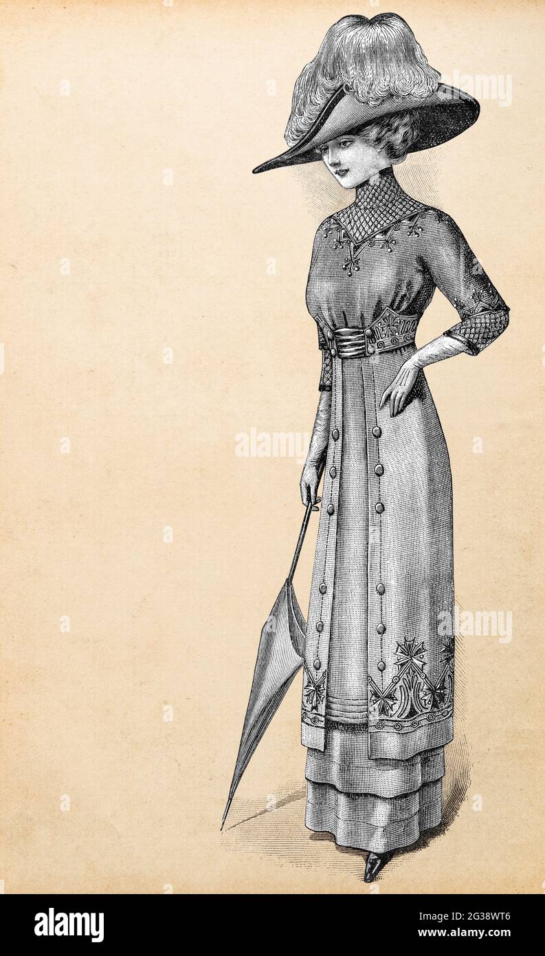 Mujer con vestido y sombrero de estilo vintage. Grabado de moda antigua de  1911, Francia, París Fotografía de stock - Alamy