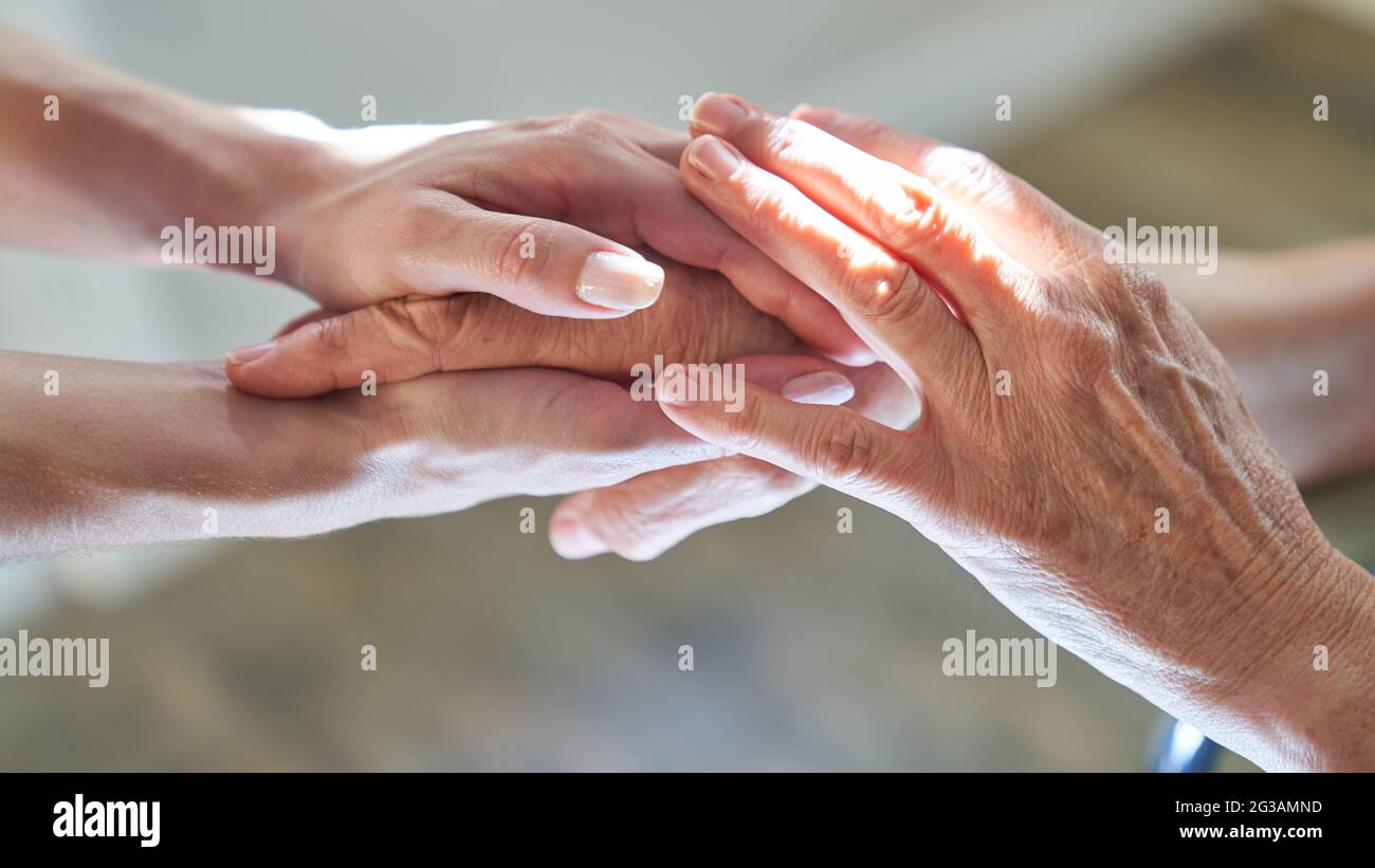 Mantener las manos como símbolo de apoyo y simpatía en caso de duelo o eutanasia Foto de stock