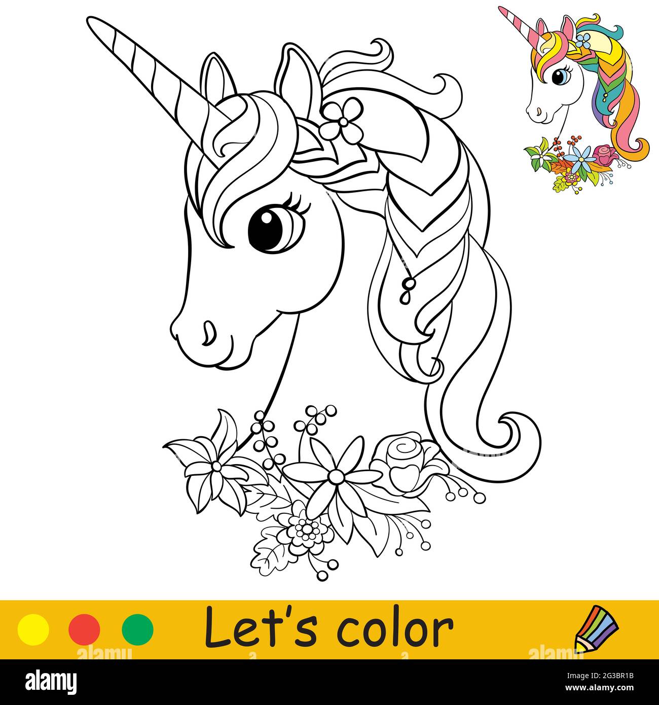 Dibujos animados lindo unicornio con una corona de flores alrededor del  cuello. Página de libro para colorear con plantilla de colores para niños.  Ilustración vectorial aislada. Para el color Imagen Vector de