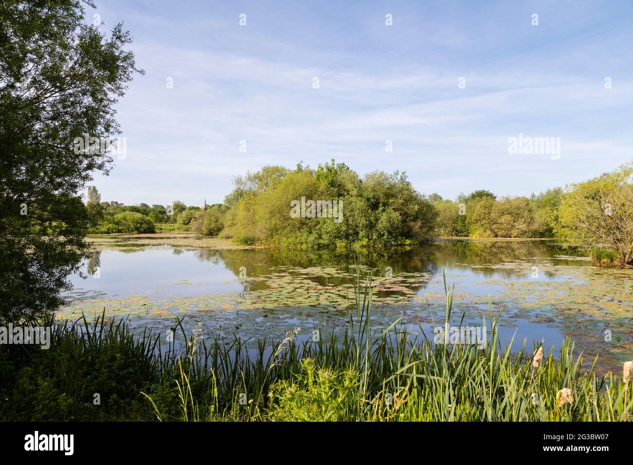 Una imagen de los hermosos lagos Frisby capturada en una brillante mañana de verano en Frisby on the Wreake, Leicestershire, Inglaterra, Reino Unido. Foto de stock