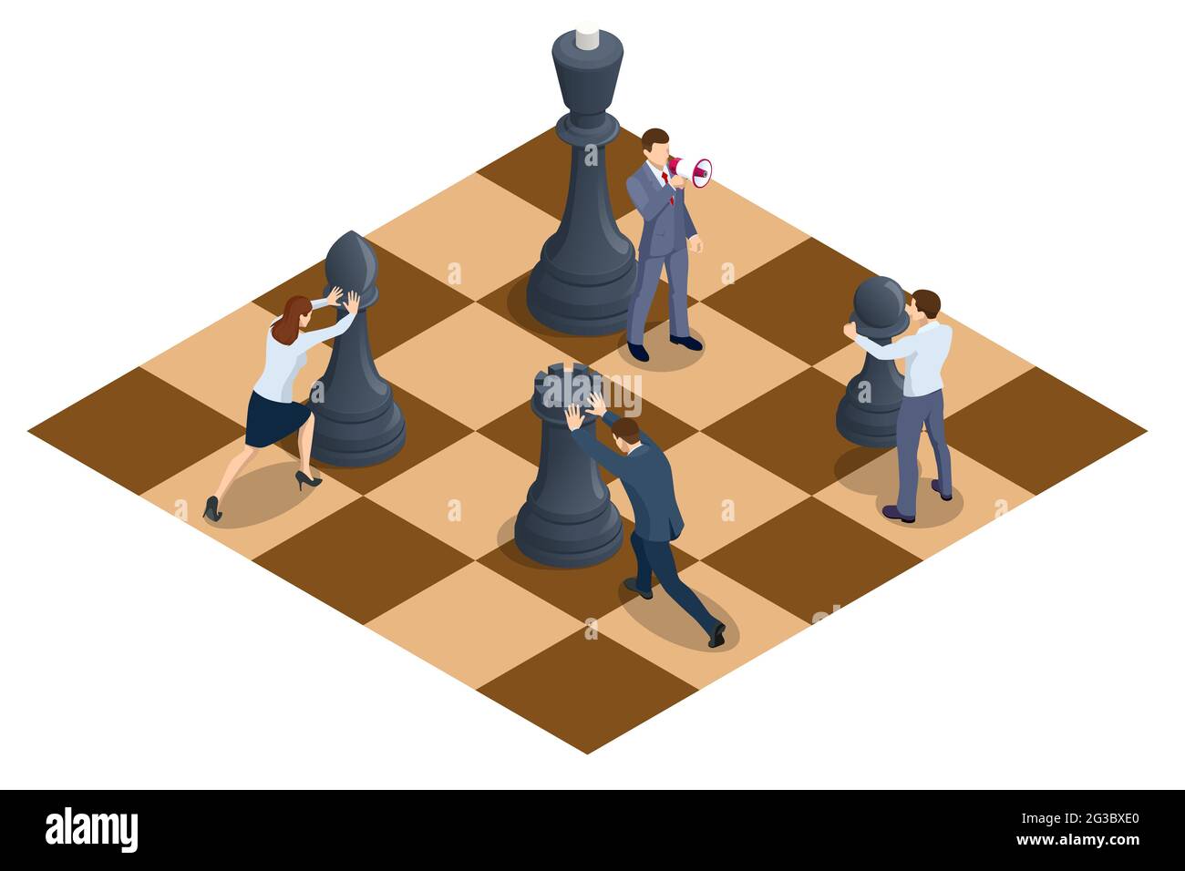 Concepto de estrategia empresarial. Gente moviendo piezas de ajedrez en un  tablero de ajedrez. Hombres de negocios y mujeres isométricos que juegan al  juego de ajedrez llegando a planear la estrategia para