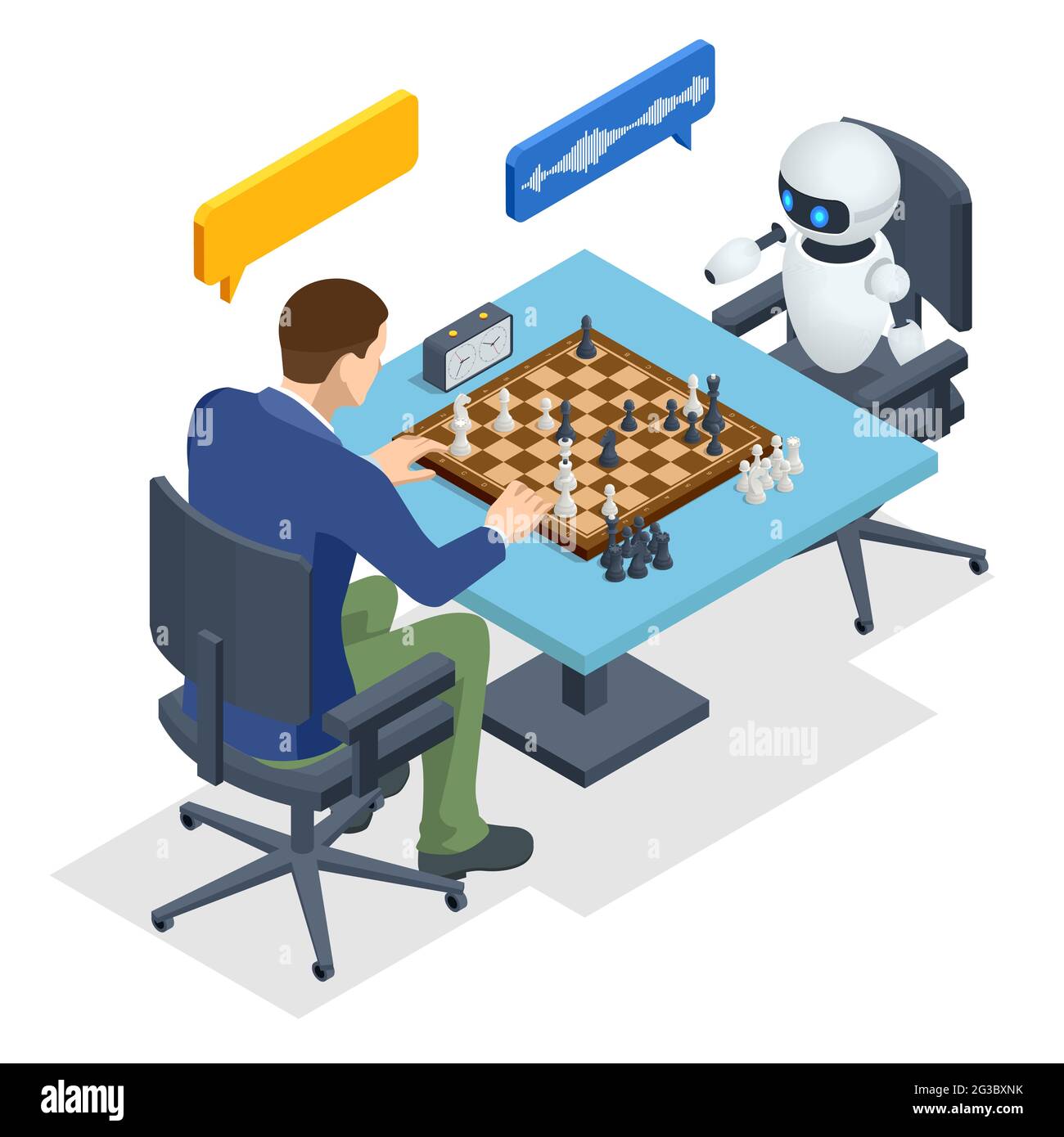 Robot Isométrico Jugando ajedrez con un hombre. Inteligencia artificial  frente a humano. Máquina de juego de ajedrez Imagen Vector de stock - Alamy