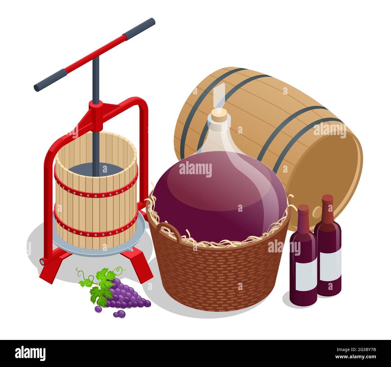 Producción isométrica de vino, trituración y prensado de uvas, envejecimiento y embotellado. Lagar de vendimia con mosto rojo y tornillo helicoidal Ilustración del Vector