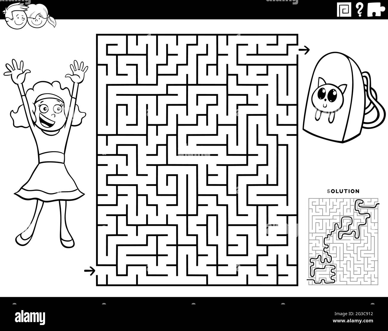 Ilustración de dibujos animados en blanco y negro del juego de rompecabezas de laberinto educativo para niños con carácter de chica y mochila para colorear página de libro Imagen Vector de -