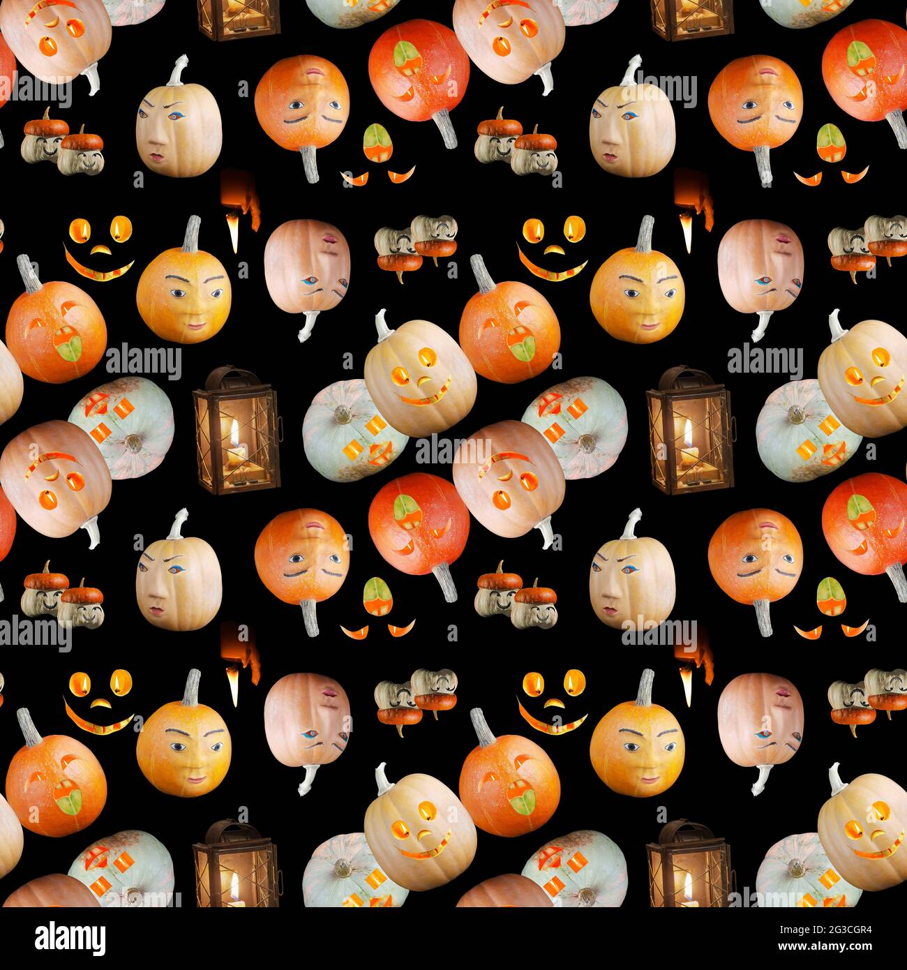 Patrón de Halloween sin costuras, diferentes calabazas con sonrisas tontas sobre fondo negro Foto de stock