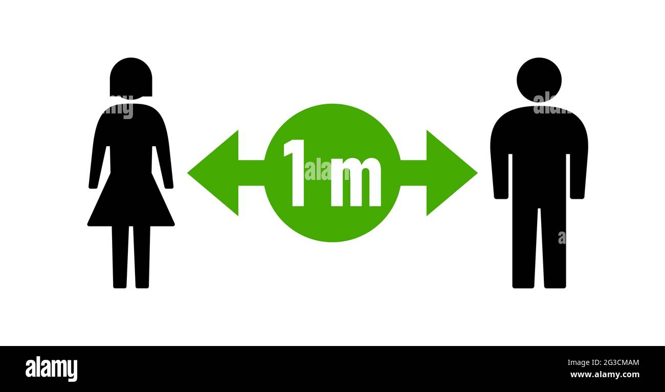 Mantenga su distancia 1 metros o 1 m de distancia social Distancing icono de advertencia con figuras de hombre y mujer. Imagen vectorial. Ilustración del Vector