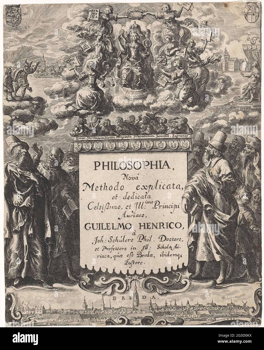 Alegoría sobre filosofía; Título para: Schuler, Johannes. Philosophi (...),  1663. Lo anterior demuestra la personalización de la filosofía. En su mano  sostiene un anillo como símbolo de la eternidad. Alrededor de ella