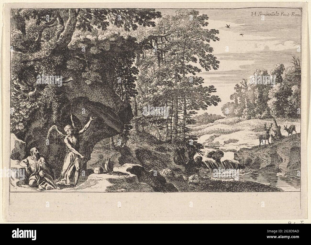 Elías y el ángel; representaciones de Oudtestamento. En un paisaje rocoso con artetas de árboles y una característica de agua, un ángel se muestra a la izquierda en el primer plano que despierta la Ellia arrodillada y apuntando a un pedazo de pan y una jarra con agua. Foto de stock