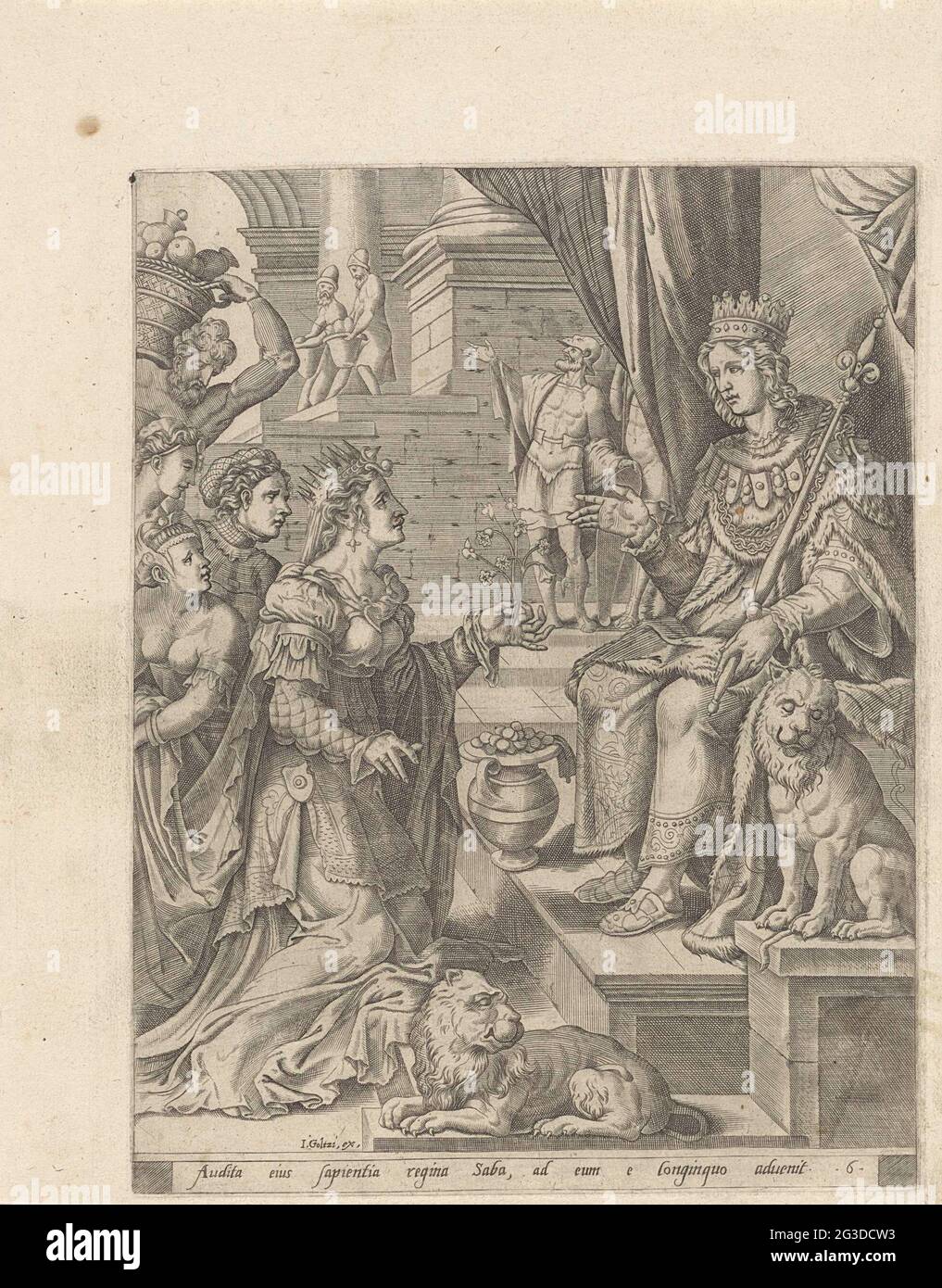 Visita de la Reina de Seba a Salomón; Historia de Salomón. Salomón está  sentado en su trono. Para él, la reina de Seba se arrodilla con flores en  su mano. A ella