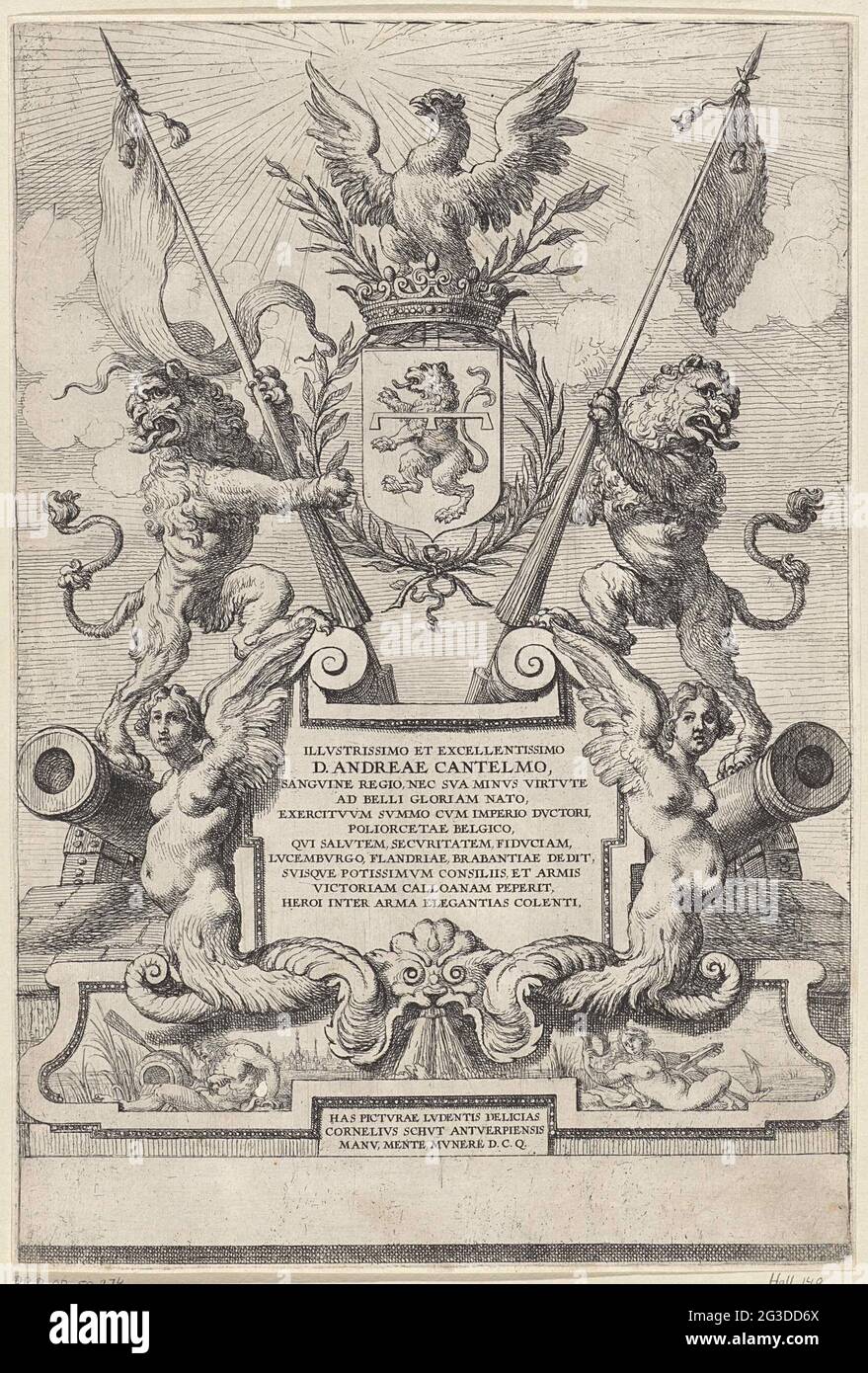 Estampado alegórico. Dos leones sostienen banderas y el escudo de la familia del Geldhord italiano Don Andrea Cantelmo. Un águila está en la parte superior del arma coronada. La misión, en un cartouche, está flanqueada por dos arpies y armas. En un cartouche por un dios río y una ninfa con la ciudad de Amberes en el fondo. Foto de stock