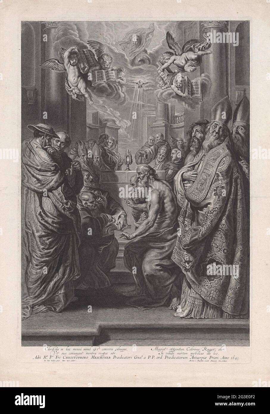 Padres de la Iglesia. Los padres de la iglesia alrededor de un altar sobre  el cual un Monstrans, que es ilustrado por el Espíritu Santo en la forma de  una paloma. En
