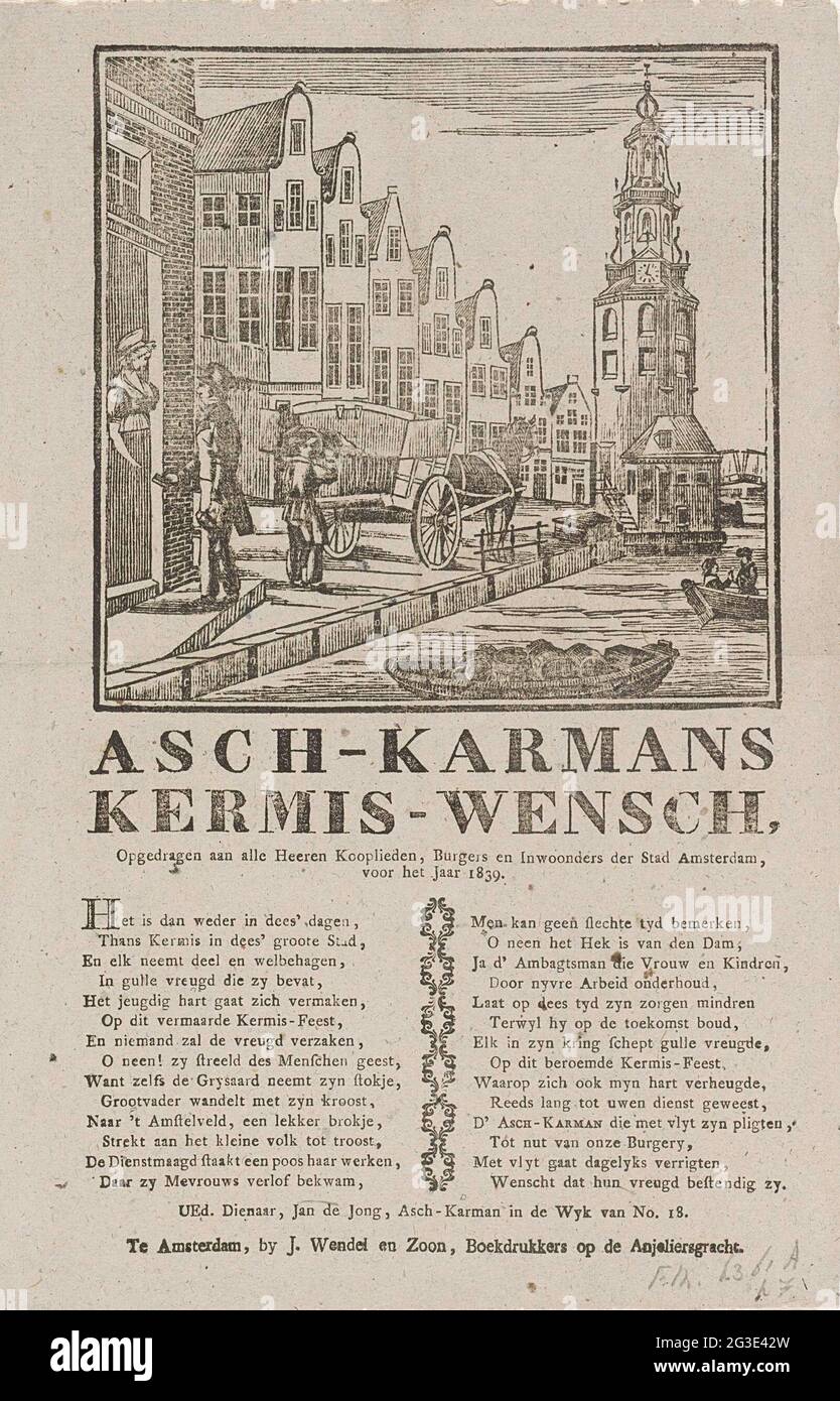 KermiSprent de los Askarrenmen de Amsterdam para el año 1839; Asch-Karmans  Kermis-Wesch (...) 1839. KermiSprent en nombre de los Askarrenmen  (Karrorenman o Garbageman) en Amsterdam para el año 1839. Vista del viejo