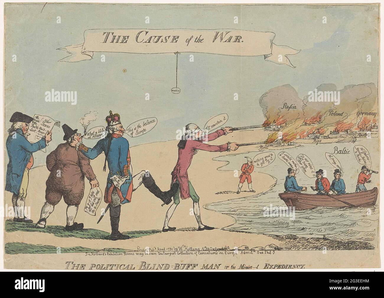 Dibujos animados en William Pitt, 1791; El hombre político Blind-Buff o la  conveniencia Minist-L. Caricatura sobre la Política Inglesa de Rusia, 1791.  William Pitt, con los ojos vendados, dispara con dos pistolas