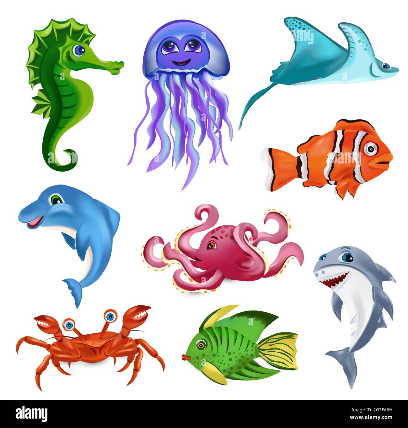Criatura marina, delfín, pulpo, tiburón, pez tropical, caballo de mar, raya, medusas, cangrejo. Personajes de dibujos animados. Icono de 3D vectores Imagen Vector de stock - Alamy Criatura marina, delfín, pulpo, tiburón, pez tropical, caballo de mar, raya, medusas, cangrejo. Personajes de dibujos animados. Icono de 3D vectores Imagen Vector de stock - Alamy