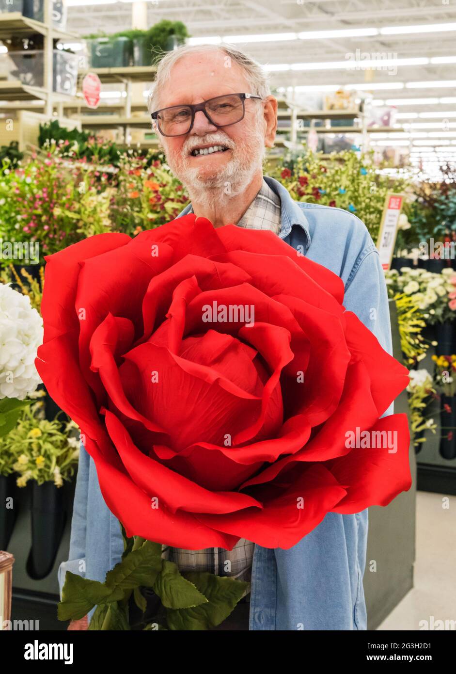 Hombre sosteniendo una rosa roja gigante artificial para la venta en un  almacén del departamento Fotografía de stock - Alamy