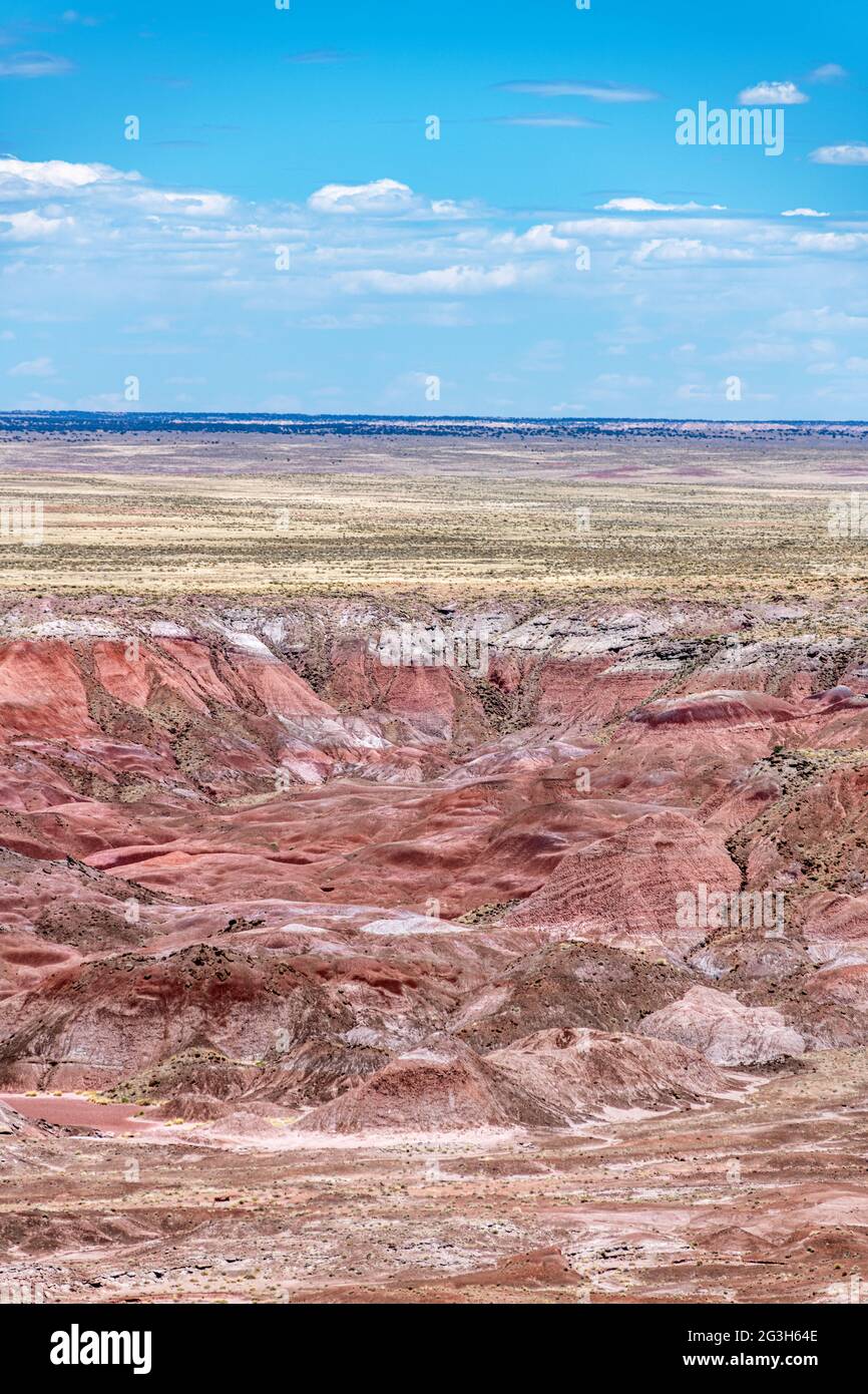 Vista panorámica de las montañas del Parque Nacional del Desierto Pintado muestra la hermosa formación geológica, los patrones y los colores que le dan a este parque su nombre. Foto de stock