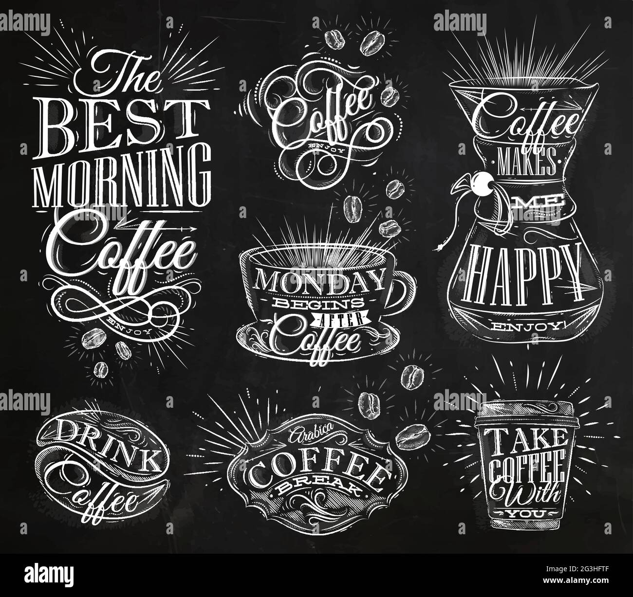 Set de café letreros dibujo tiza en estilo vintage en pizarra Imagen Vector  de stock - Alamy