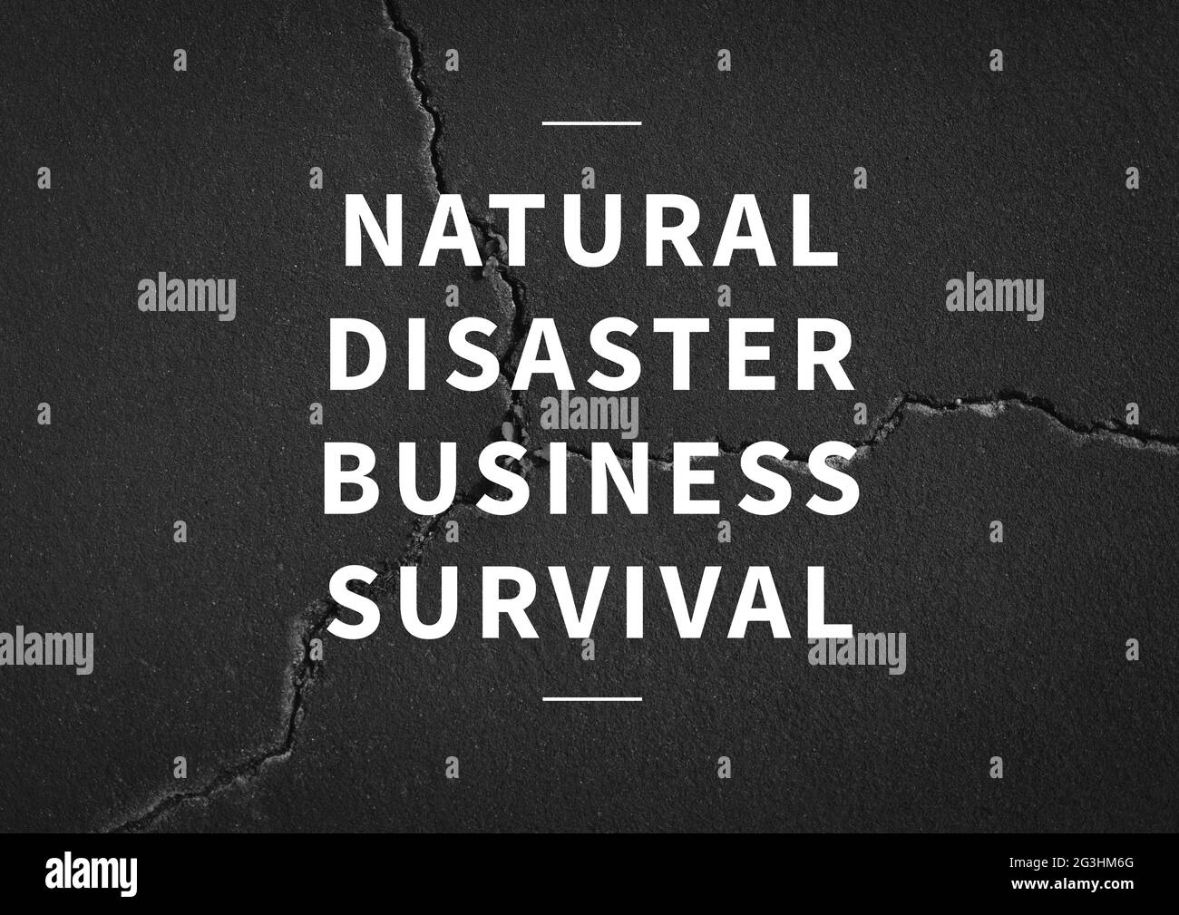Composición del texto de supervivencia empresarial de desastres naturales en blanco sobre paredes agrietadas Foto de stock