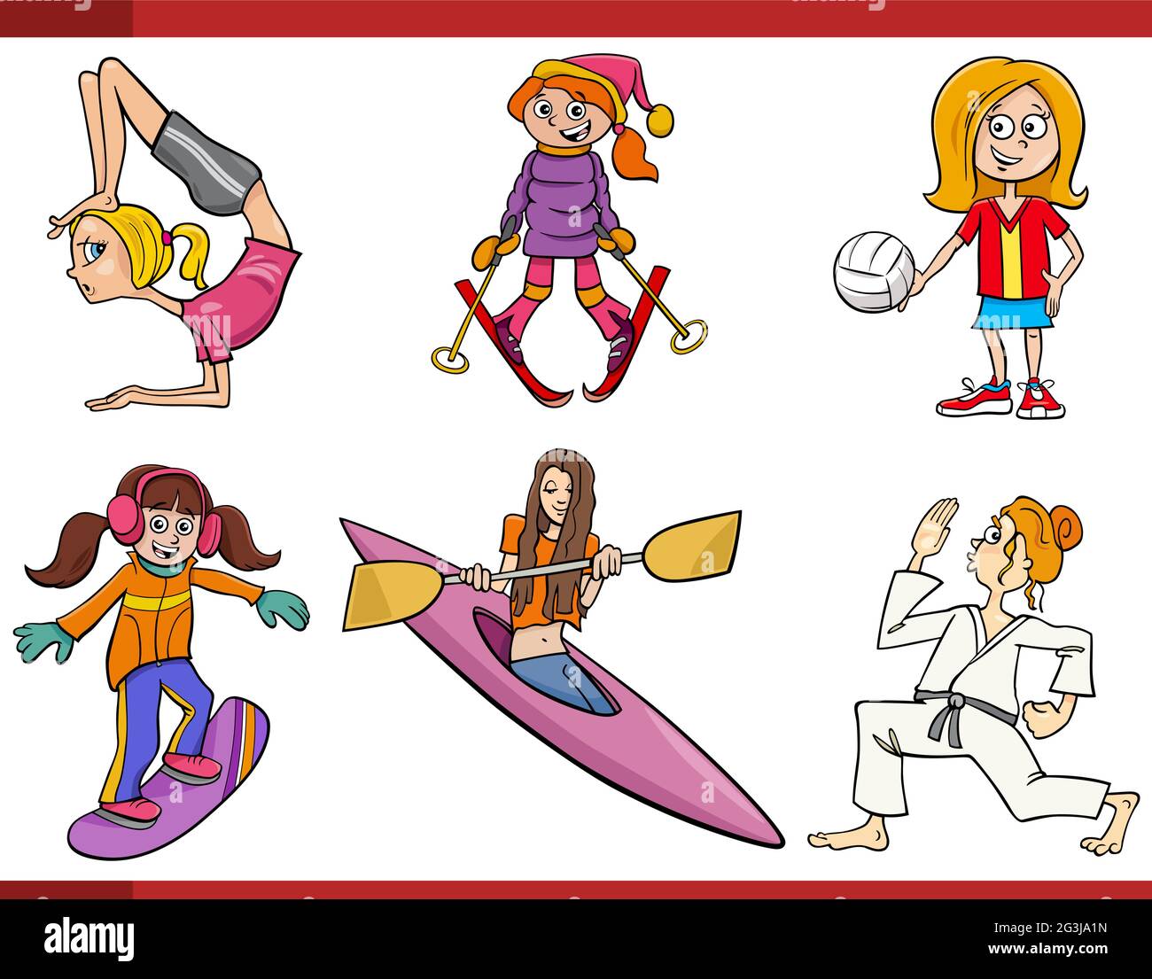 Ilustración de dibujos animados de niñas o mujeres personajes y disciplinas deportivas conjunto Ilustración del Vector