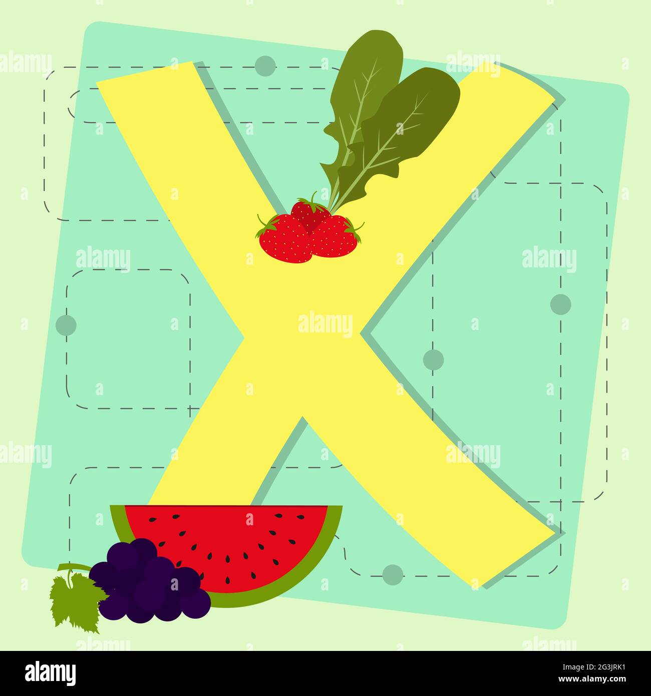 Letra 'x' del alfabeto estilizado con frutas y verduras: Rúcula, sandía,  fresa, uva Imagen Vector de stock - Alamy