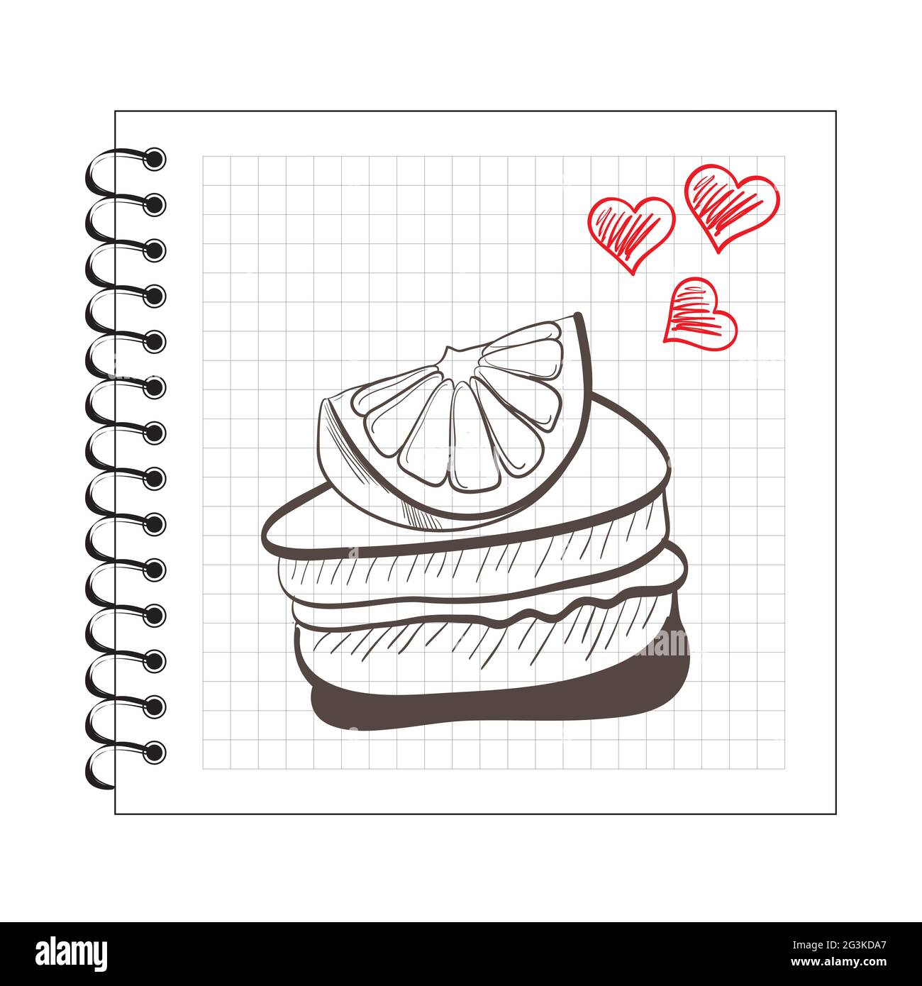 Ilustración de una rodaja de torta de color naranja en papel de cuaderno Foto de stock