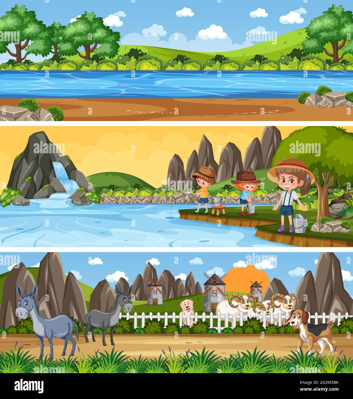 Paisaje natural panorámico diferente con ilustración de personajes de dibujos animados Imagen Vector de stock - Alamy Paisaje natural panorámico diferente con ilustración de personajes de dibujos animados Imagen Vector de stock - Alamy