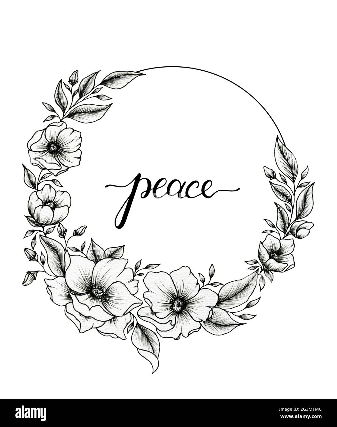 Hermosa corona de flores en blanco y negro y palabra de paz caligrafía  moderna manuscrita, dibujo a mano de flores negras para camiseta, tarjeta,  textiles Fotografía de stock - Alamy