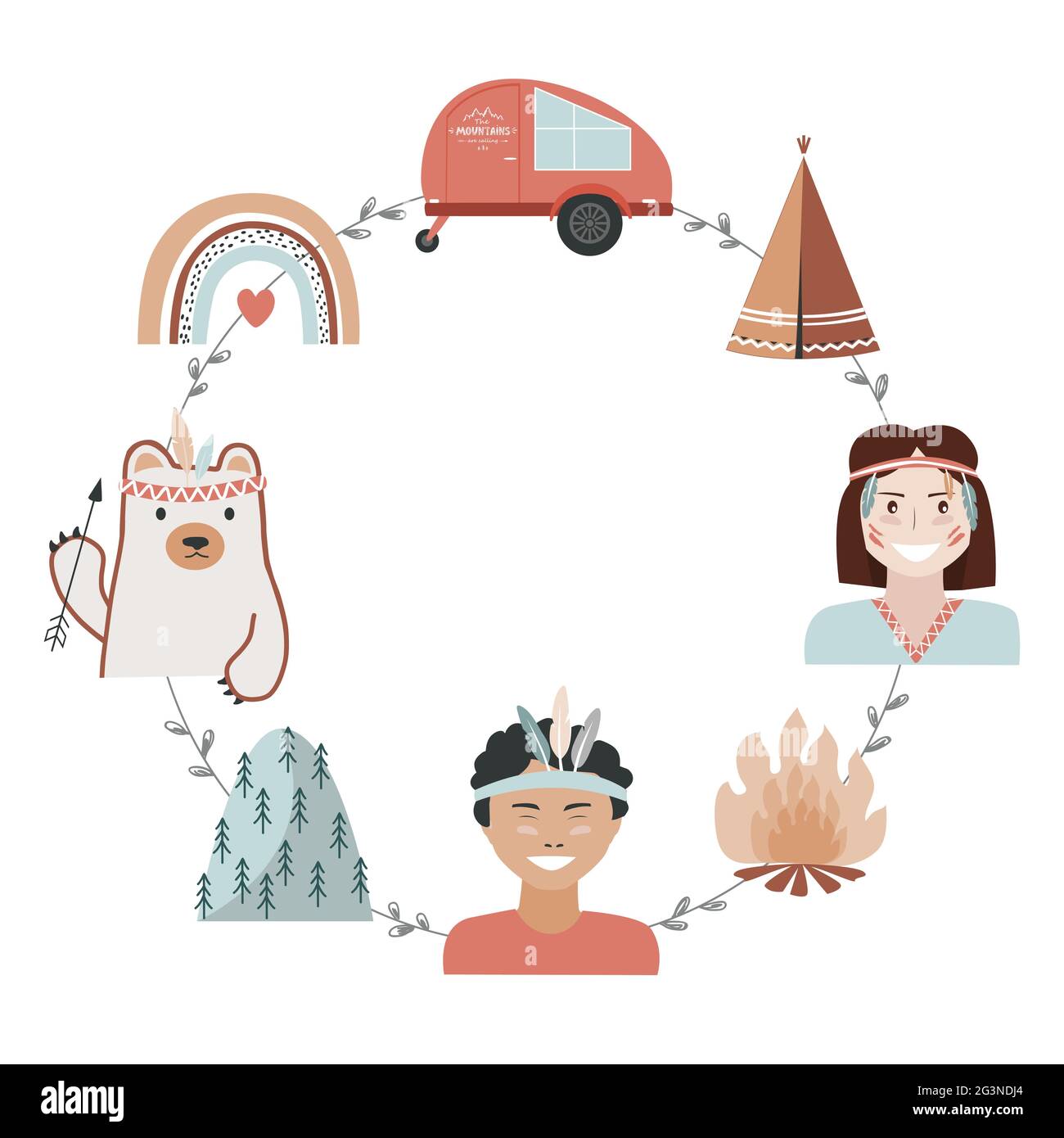 Concepto de camping para niños en estilo tribal, marco de aventura con lugar para texto. Recreación y viajes al aire libre de fondo, ilustración vectorial Ilustración del Vector