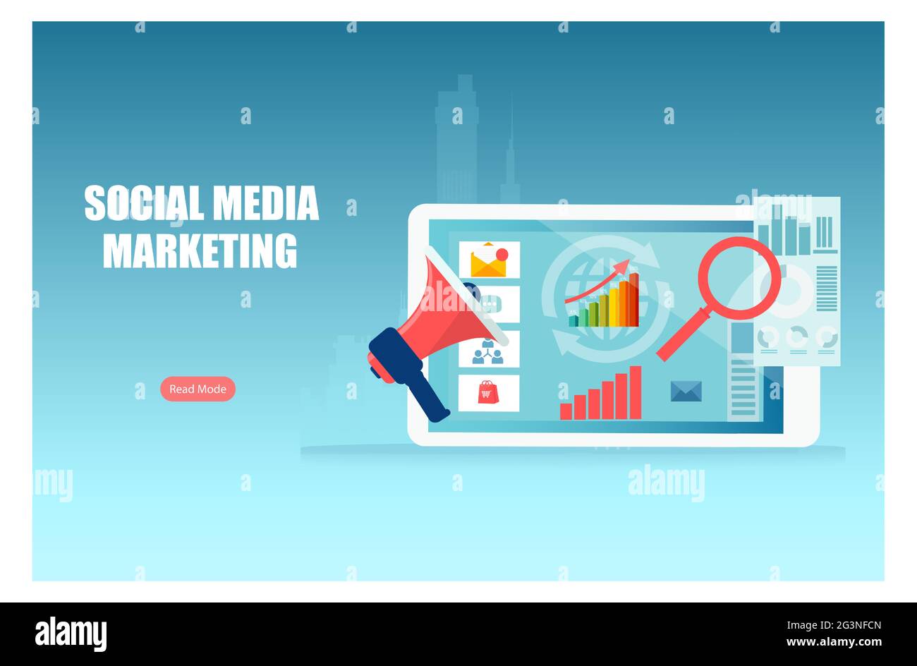 Concepto de análisis de datos de ventas y marketing digital en medios sociales Ilustración del Vector