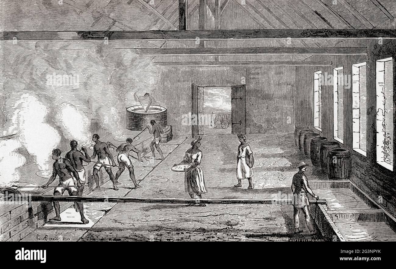 Esclavos trabajando en la evaporación del jugo de la caña de azúcar, siglo 19th. De Le Savant du Foyer ou Nociones Scientifiques Sur Les Objets Usuels de la Vie, publicado en 1864 Foto de stock