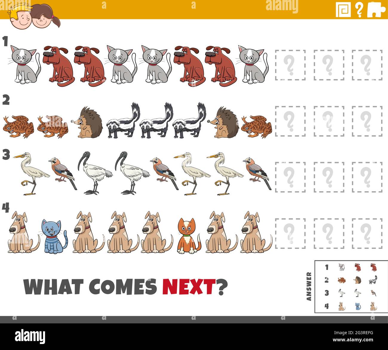 Ilustración de dibujos animados de completar el juego educativo de patrones  para niños con personajes de animales Imagen Vector de stock - Alamy