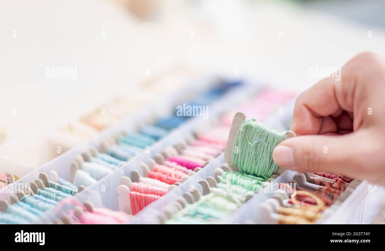 Primer plano de las manos de la mujer sastre que sostiene los hilos verdes ligeros y los colores diferentes en la caja puso en la mesa y se preparan para utilizar con el algodón blanco. Foto de stock