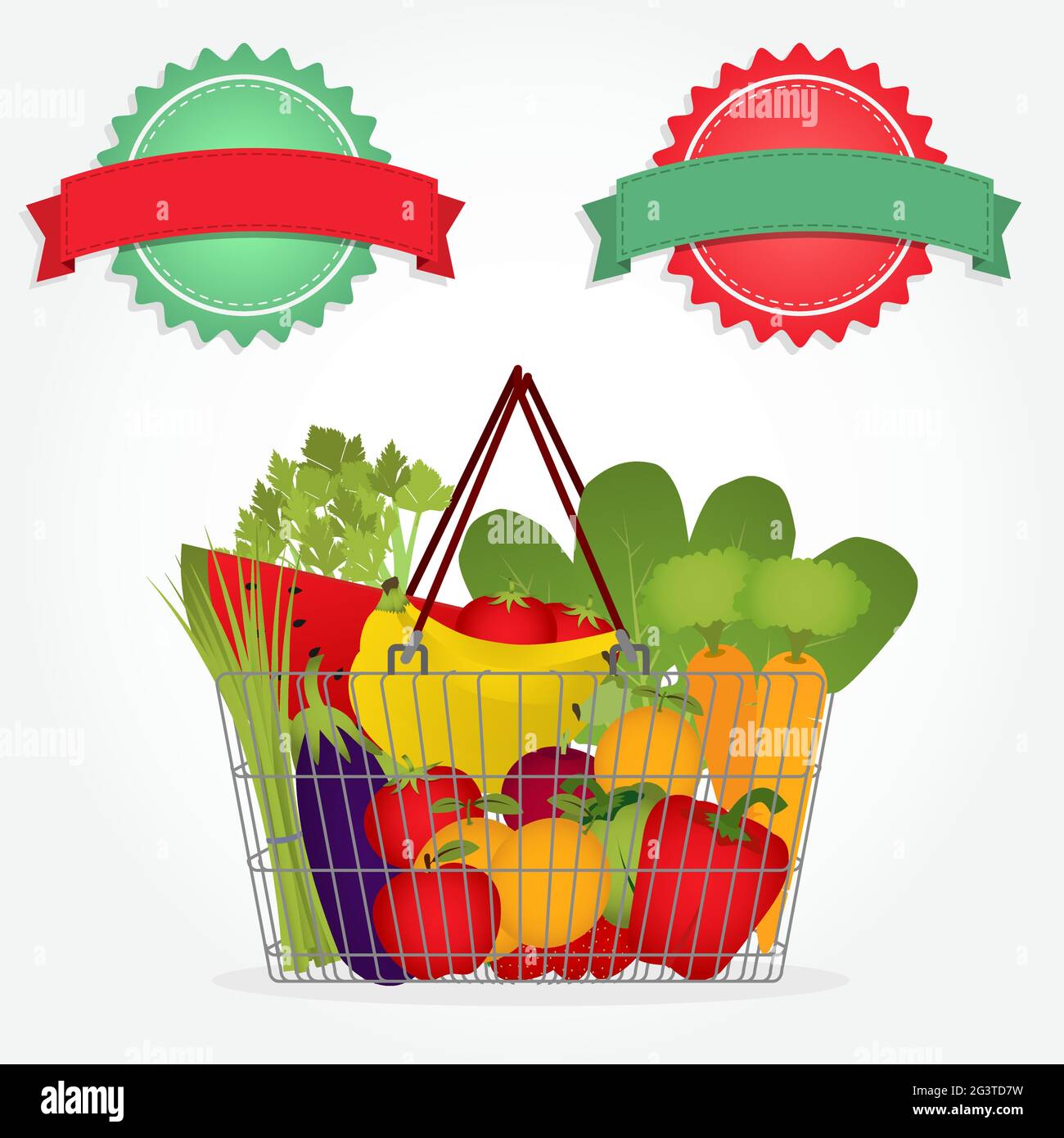 Cesta de supermercado llena de verduras y frutas como tomate, zanahorias, sandía, manzana, plátano, pimienta. Dos etiquetas verde y roja. Ilustración del Vector