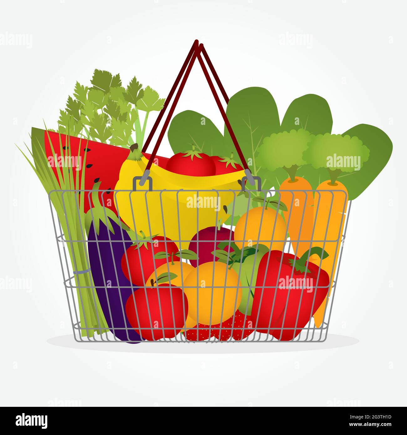 Cesta de supermercado llena de verduras y frutas como tomate, zanahorias, sandía, manzana, plátano, pimienta . Aislado y editable. Ilustración del Vector