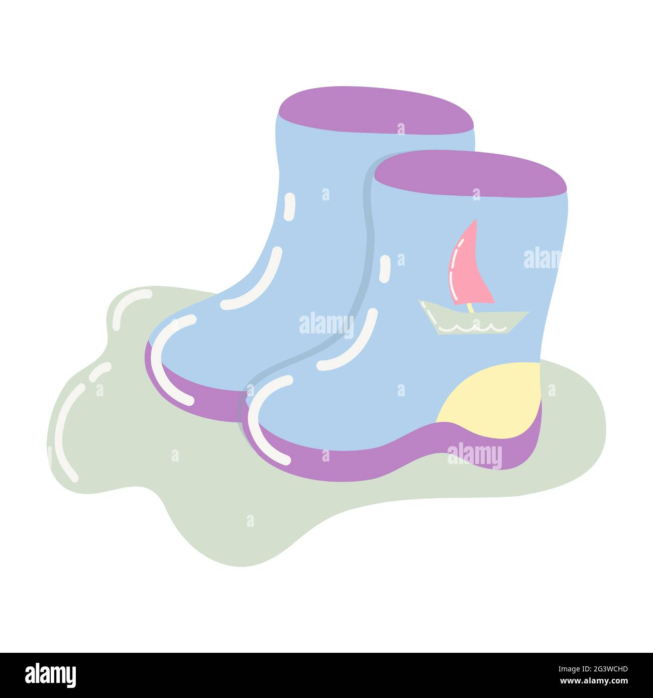 Botas de goma azul para niños con un barco. Un par de botas con un estilo de dibujos animados sobre un fondo blanco. Calzado infantil de cerca. Ilustración vectorial. Ilustración del Vector