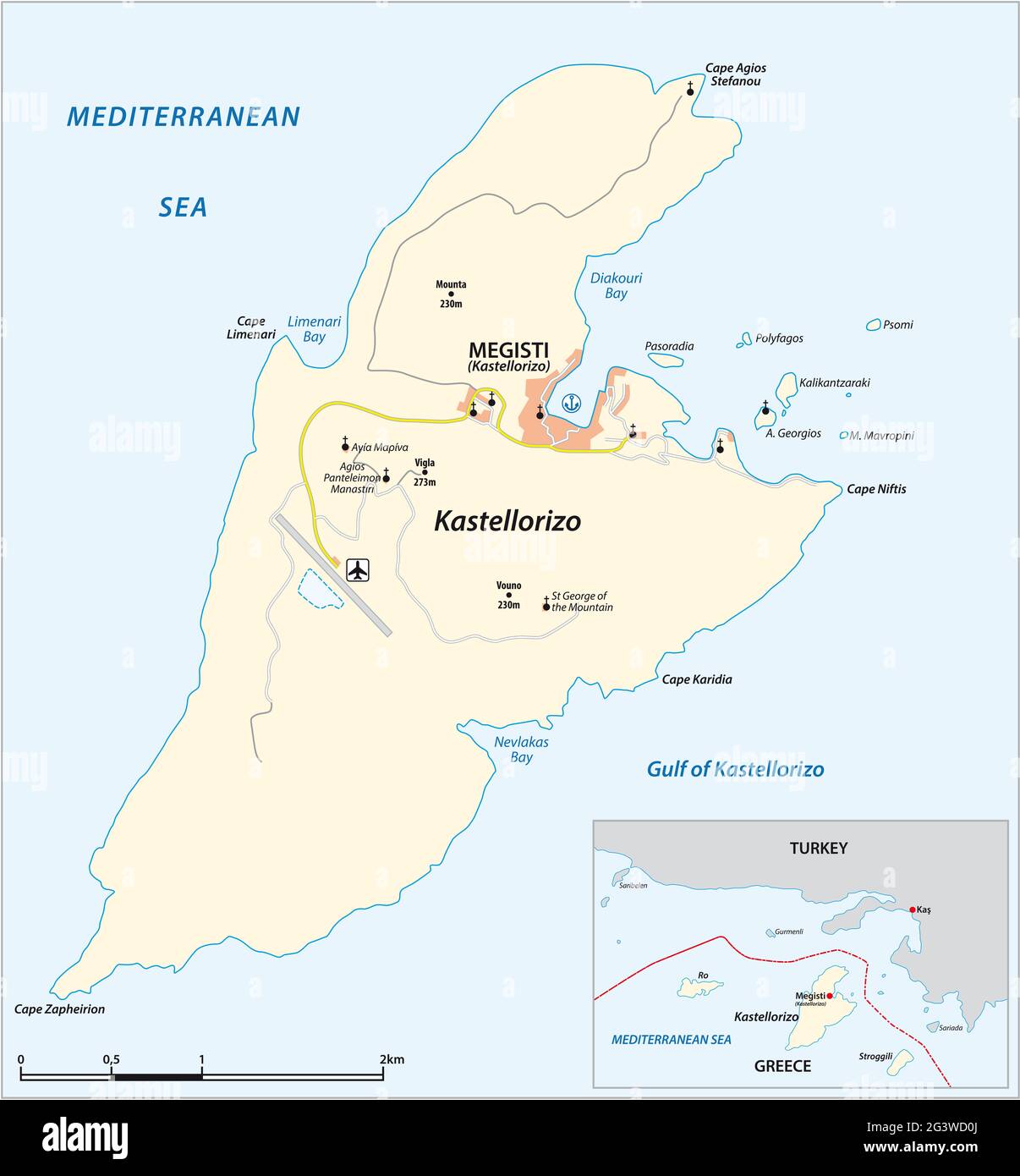 Mapa vectorial de la isla mediterránea griega de Kastellorizo Foto de stock