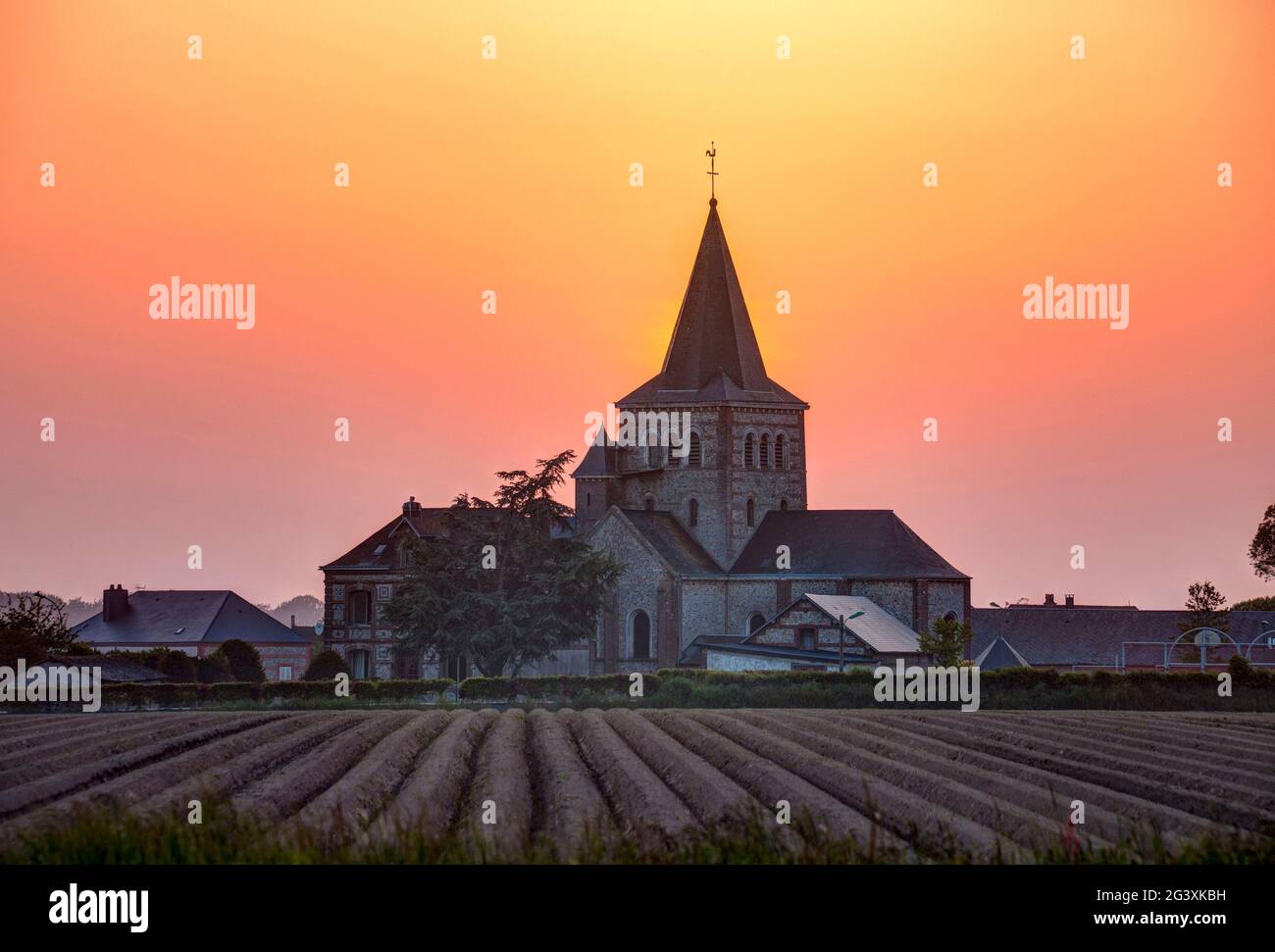 Tourville les Ifs en el Pays de Caux, una región natural en el norte de Francia: iglesia al atardecer (no disponible para la producción de postales) Foto de stock