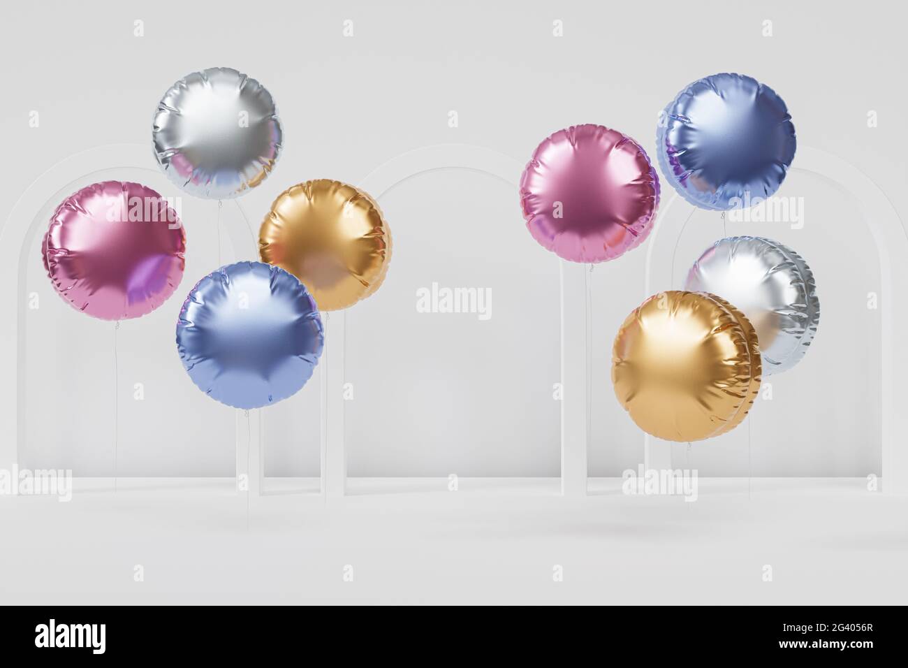 Brillantes globos de colores con arcos blancos, fondo para fiestas, cumpleaños, celebraciones o vacaciones, 3D render realista Foto de stock